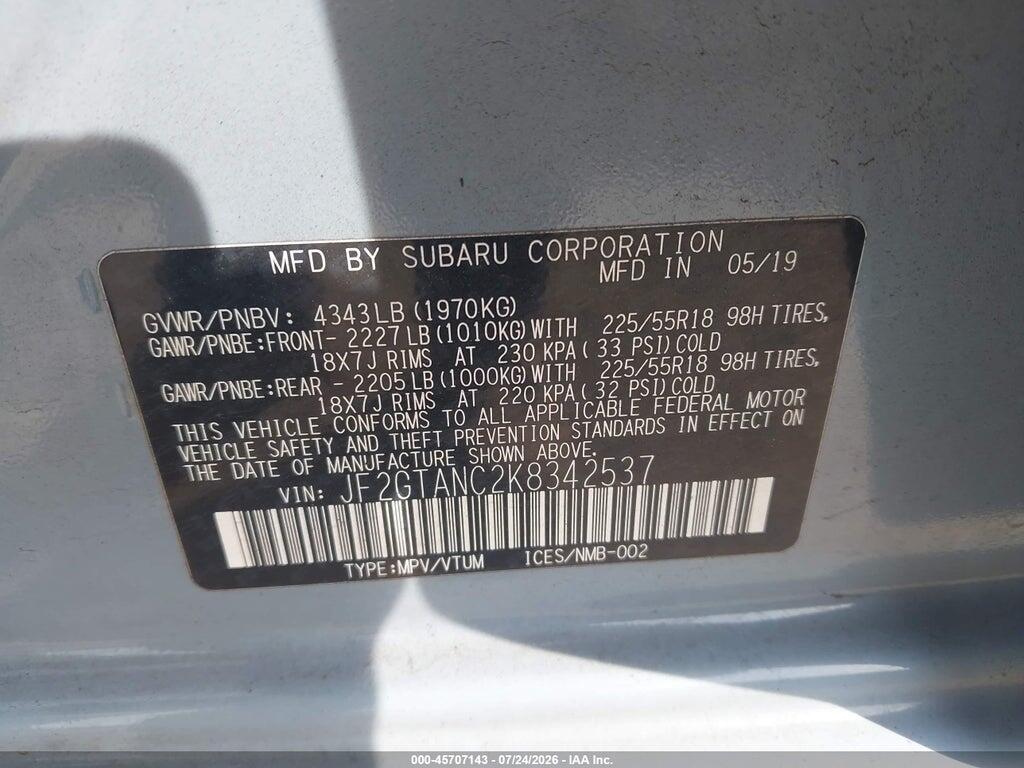 JF2GTANC2K8342537 2019 SUBARU CROSSTREK photo no. 9