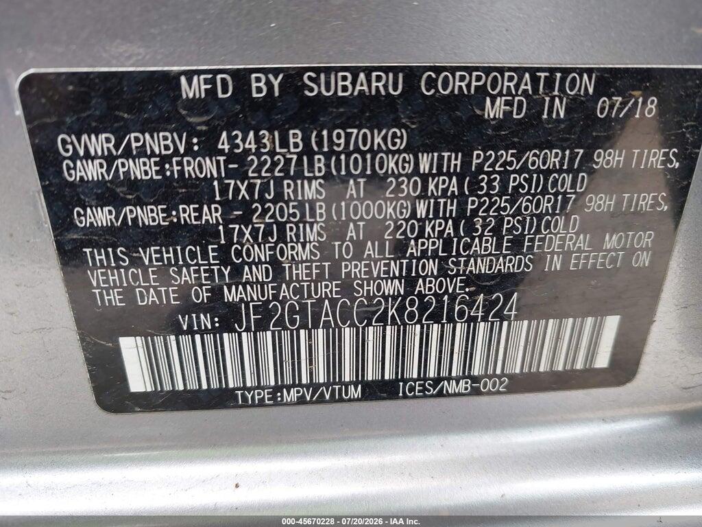 JF2GTACC2K8216424 2019 SUBARU CROSSTREK photo no. 9