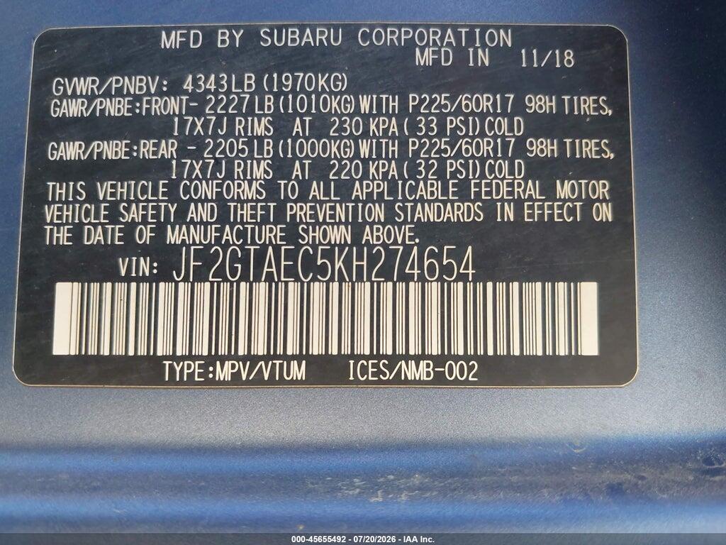 JF2GTAEC5KH274654 2019 SUBARU CROSSTREK photo no. 9