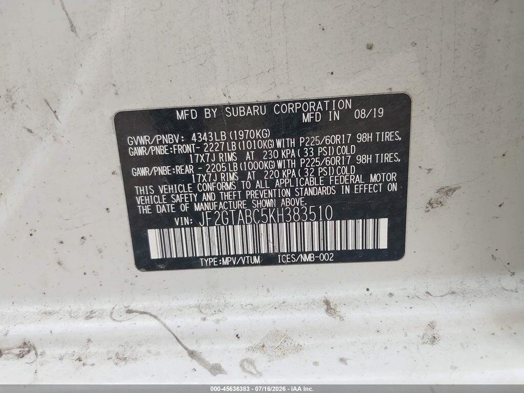 JF2GTABC5KH383510 2019 SUBARU CROSSTREK photo no. 9