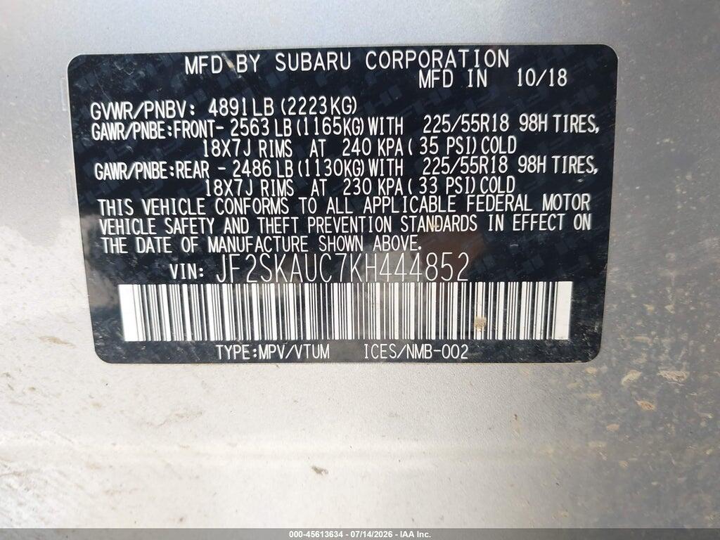 JF2SKAUC7KH444852 2019 SUBARU FORESTER photo no. 9