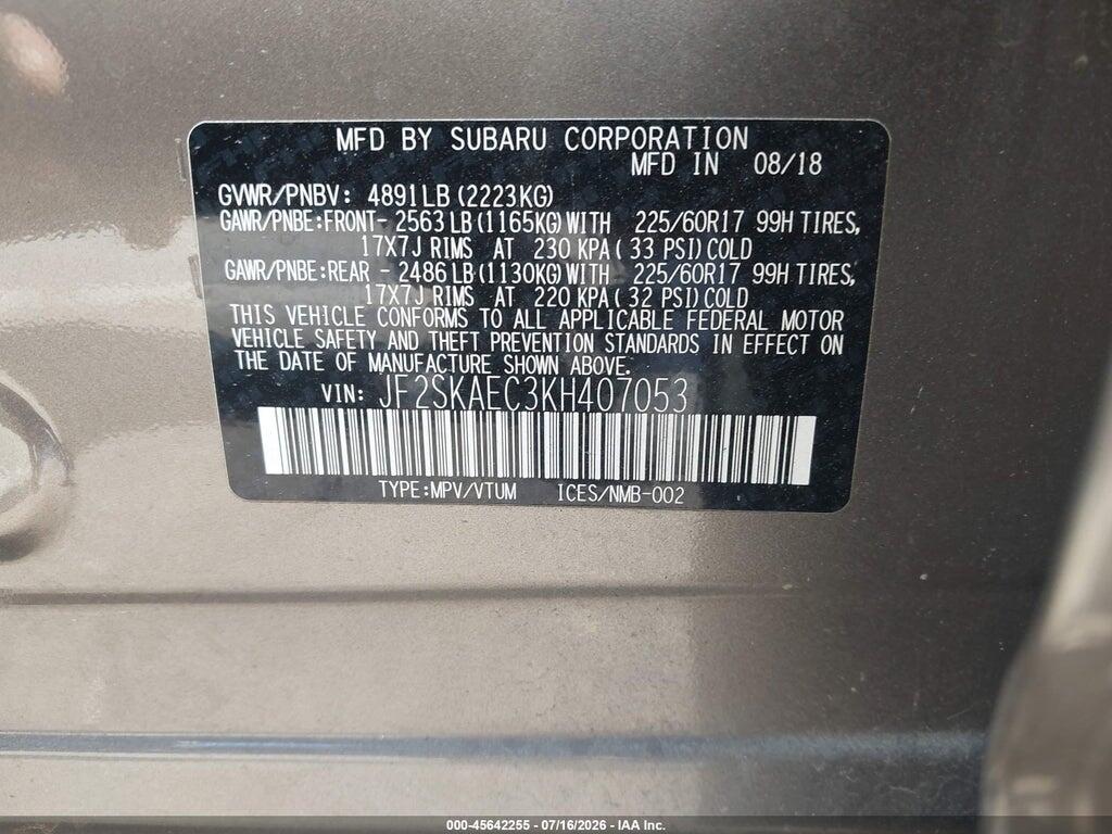 JF2SKAEC3KH407053 2019 SUBARU FORESTER photo no. 9