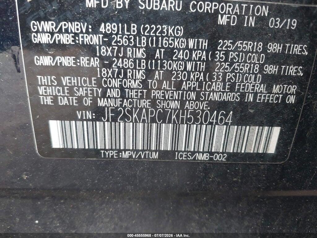 JF2SKAPC7KH530464 2019 SUBARU FORESTER photo no. 9