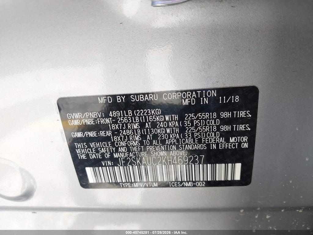 JF2SKAUC2KH469237 2019 SUBARU FORESTER photo no. 9