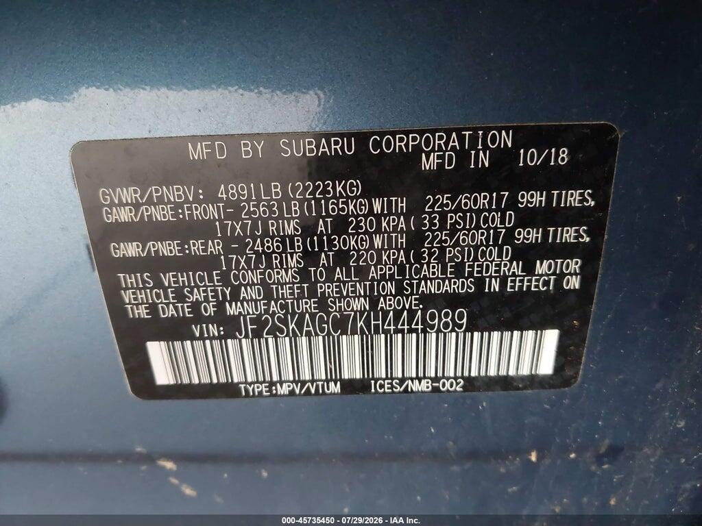 JF2SKAGC7KH444989 2019 SUBARU FORESTER photo no. 9