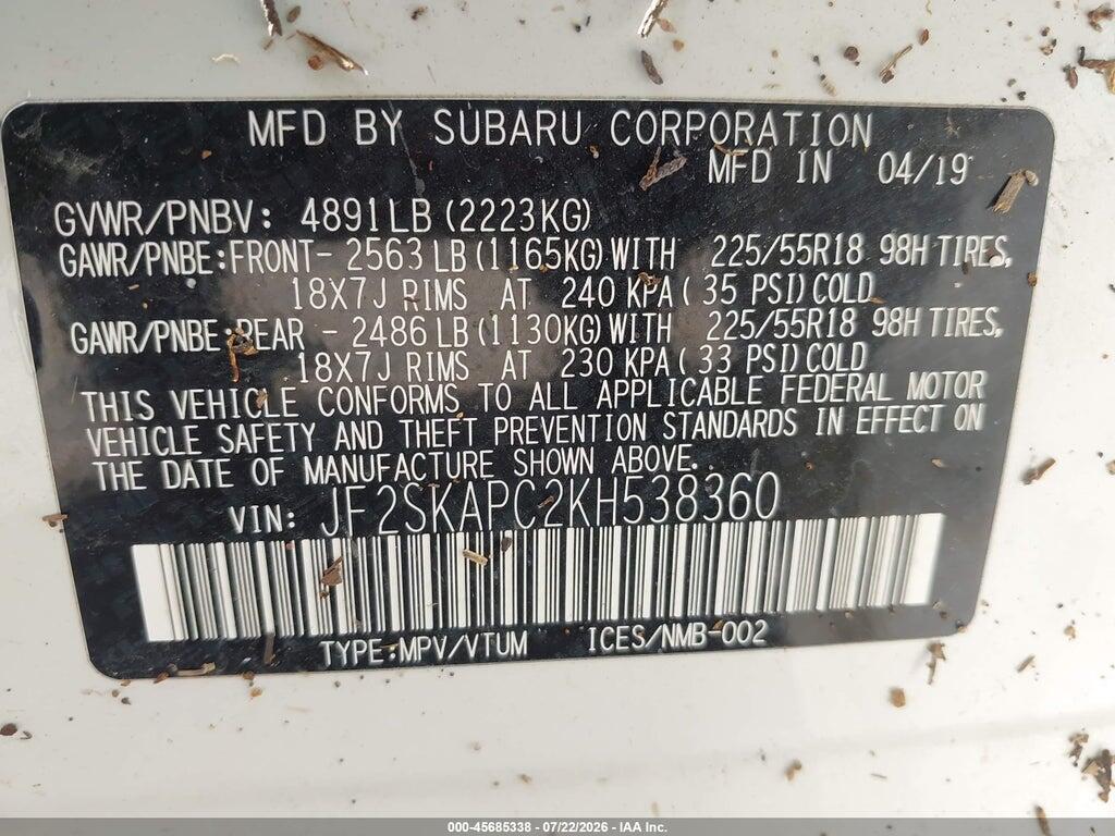 JF2SKAPC2KH538360 2019 SUBARU FORESTER photo no. 9