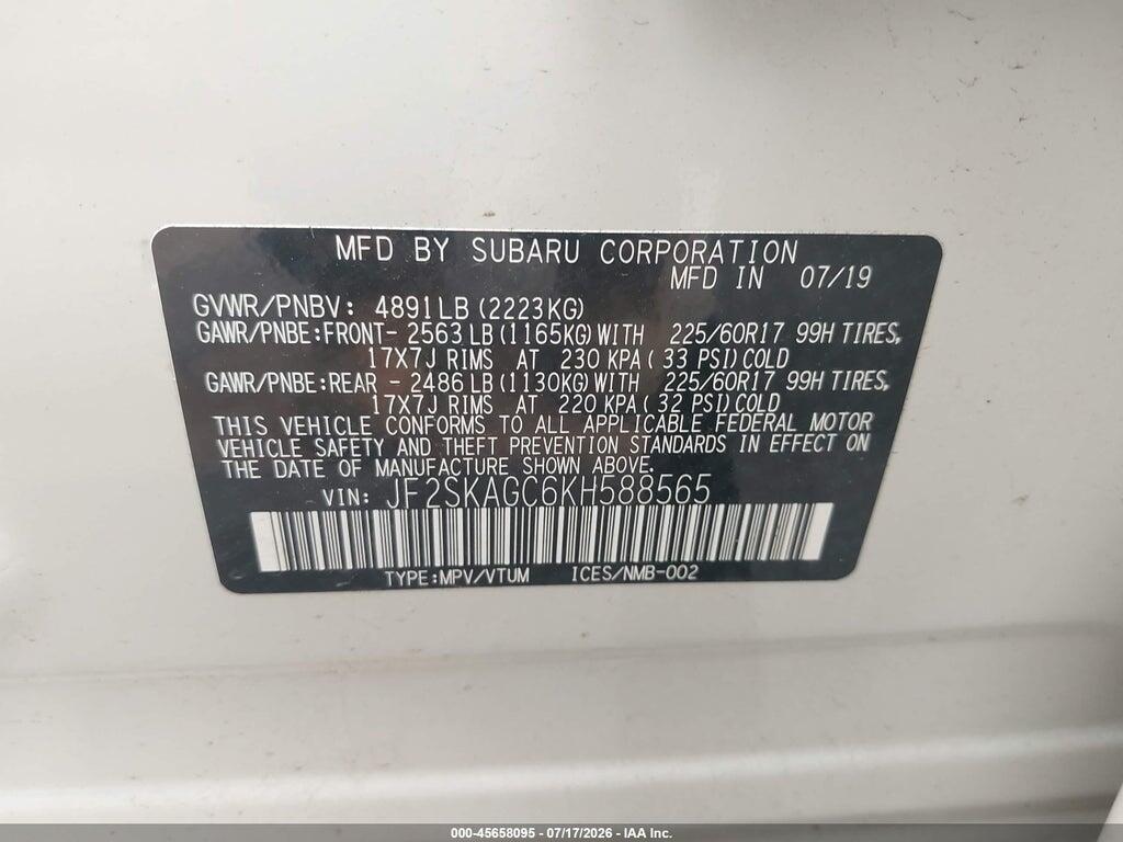 JF2SKAGC6KH588565 2019 SUBARU FORESTER photo no. 9