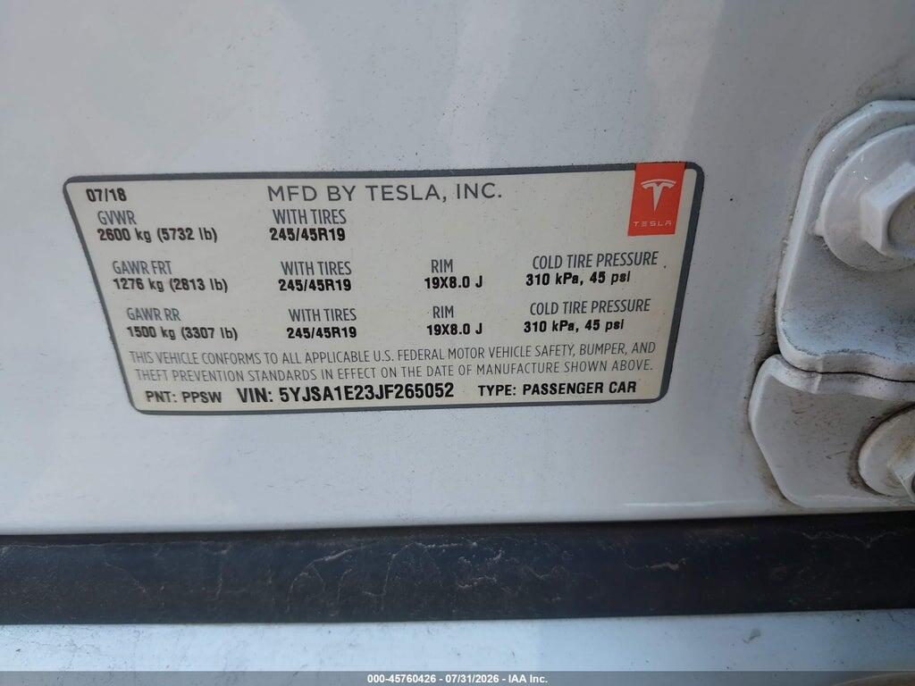 5YJSA1E23JF265052 2018 TESLA MODEL S photo no. 9