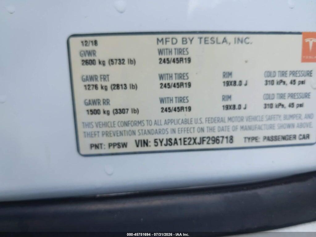 5YJSA1E2XJF296718 2018 TESLA MODEL S photo no. 9