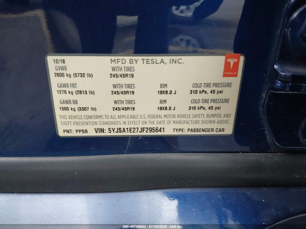 5YJSA1E27JF295641 2018 TESLA MODEL S photo no. 9