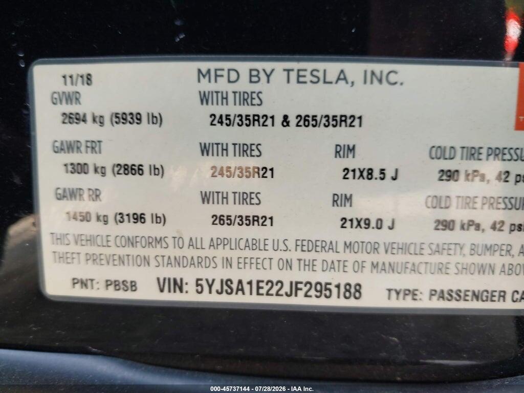 5YJSA1E22JF295188 2018 TESLA MODEL S photo no. 9