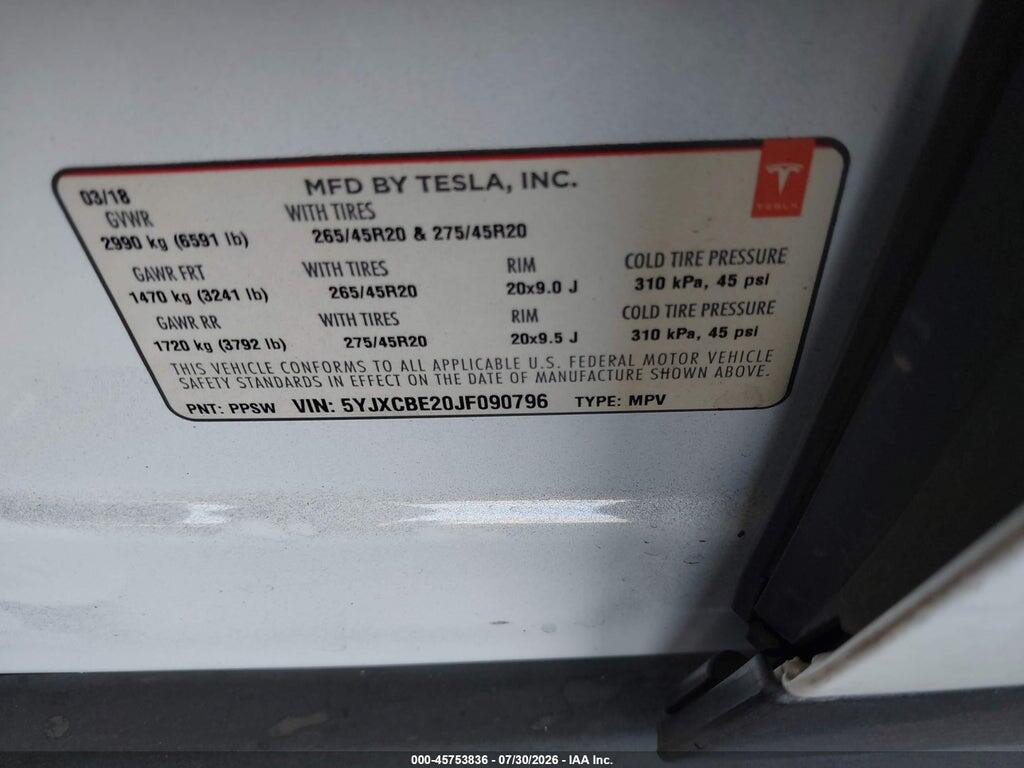 5YJXCBE20JF090796 2018 TESLA MODEL X photo no. 9