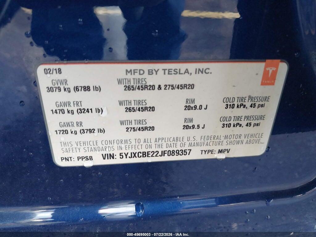 5YJXCBE22JF089357 2018 TESLA MODEL X photo no. 9