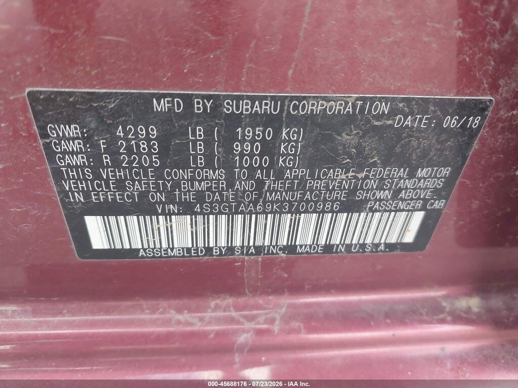 4S3GTAA69K3700986 2019 SUBARU IMPREZA photo no. 9