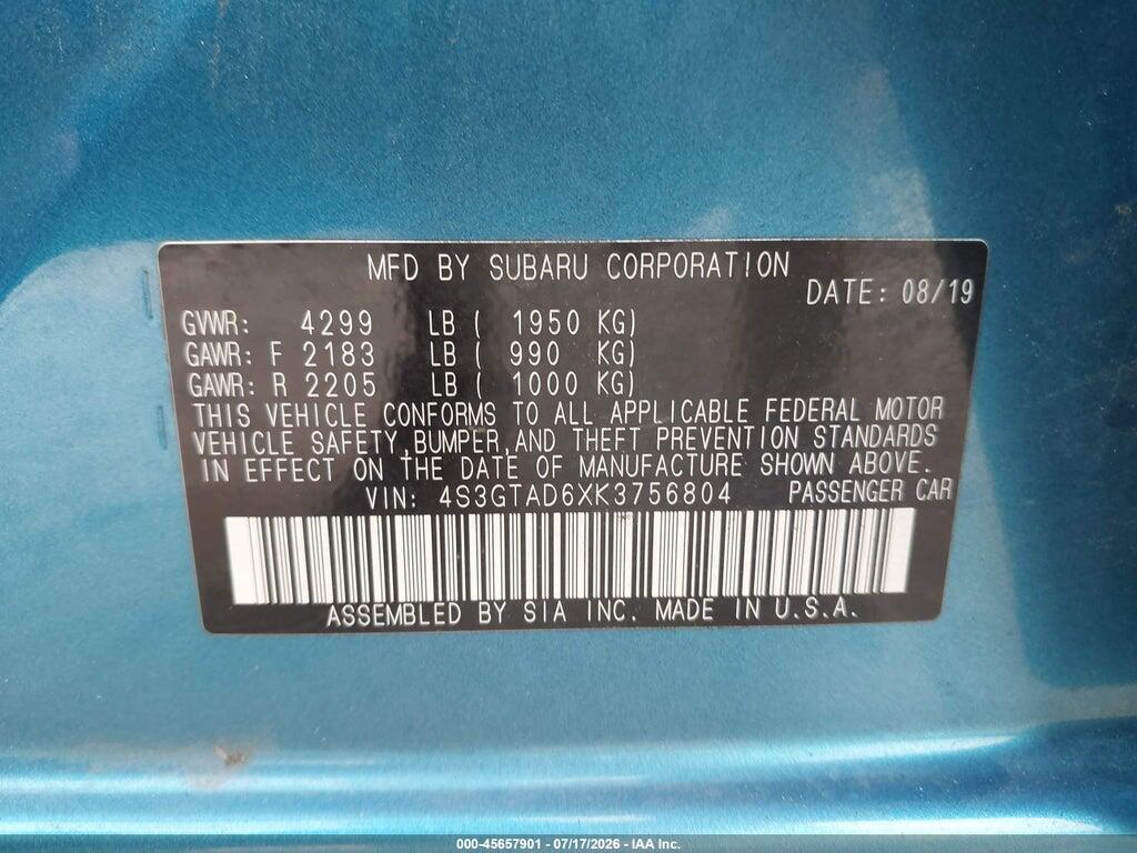 4S3GTAD6XK3756804 2019 SUBARU IMPREZA photo no. 9