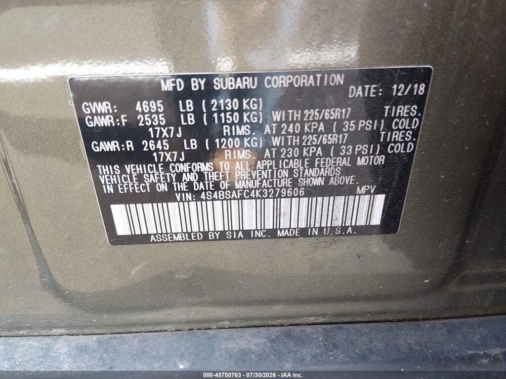 4S4BSAFC4K3279606 2019 SUBARU OUTBACK photo no. 9