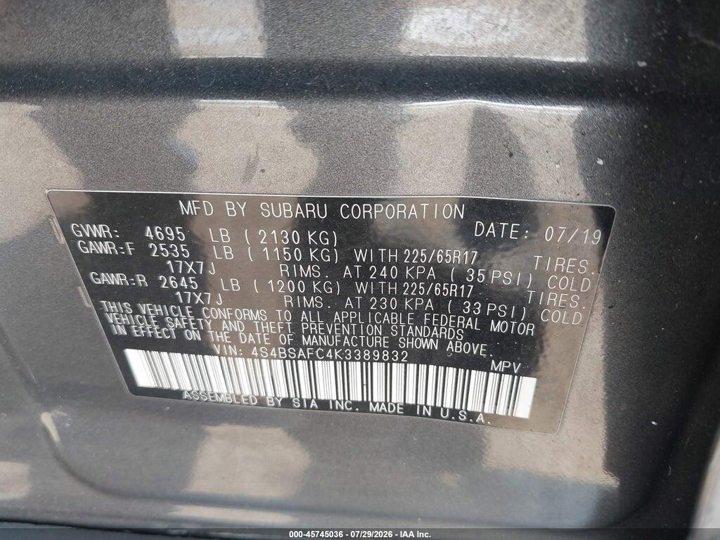 4S4BSAFC4K3389832 2019 SUBARU OUTBACK photo no. 9