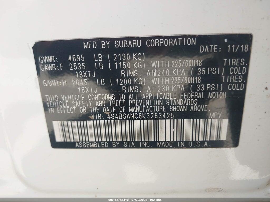 4S4BSANC6K3263425 2019 SUBARU OUTBACK photo no. 9