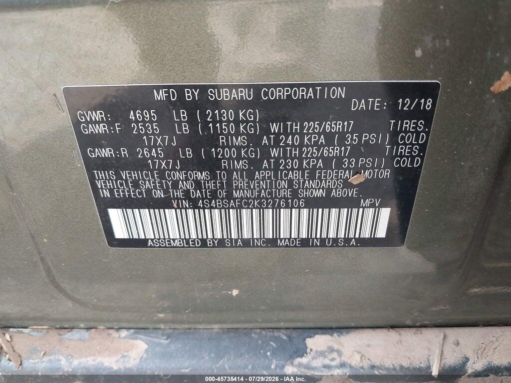 4S4BSAFC2K3276106 2019 SUBARU OUTBACK photo no. 9