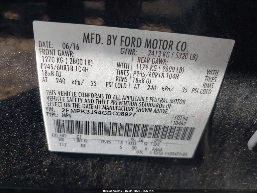 2FMPK3J94GBC08927 2016 FORD EDGE photo no. 9