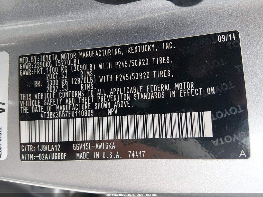 4T3BK3BB7FU110809 2015 TOYOTA VENZA photo no. 9