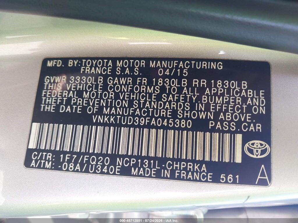 VNKKTUD39FA045380 2015 TOYOTA YARIS photo no. 9