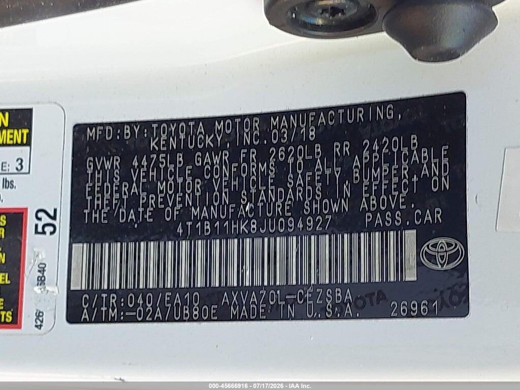 4T1B11HK8JU094927 2018 TOYOTA CAMRY photo no. 9