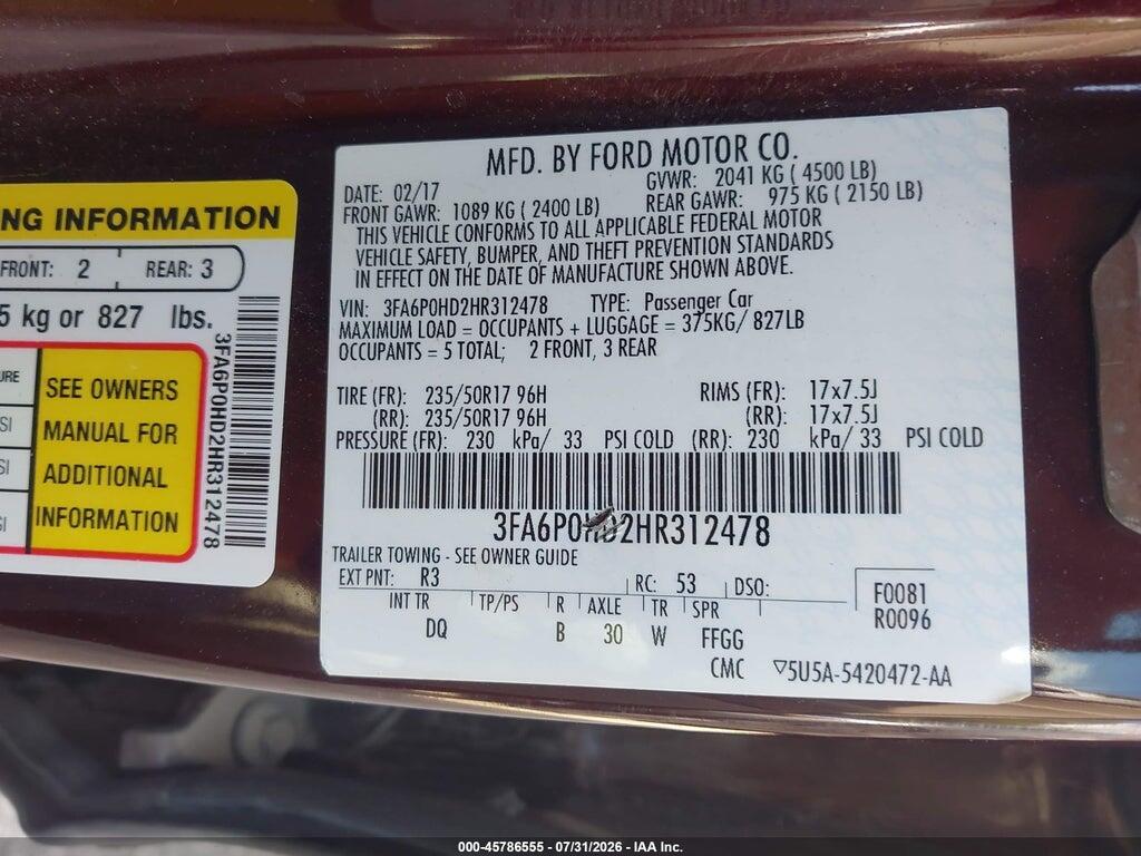 3FA6P0HD2HR312478 2017 FORD FUSION photo no. 9
