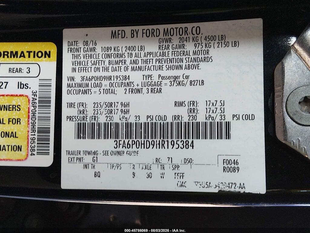 3FA6P0HD9HR195384 2017 FORD FUSION photo no. 9