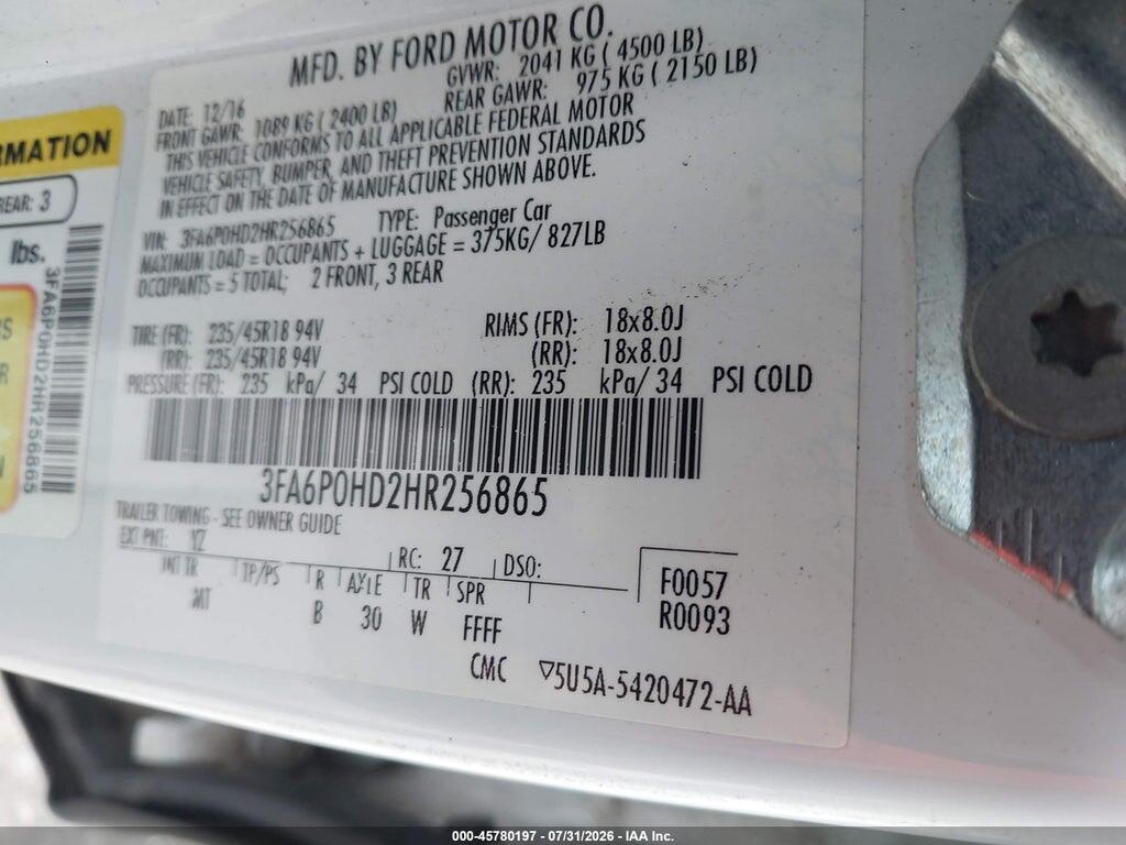 3FA6P0HD2HR256865 2017 FORD FUSION photo no. 9