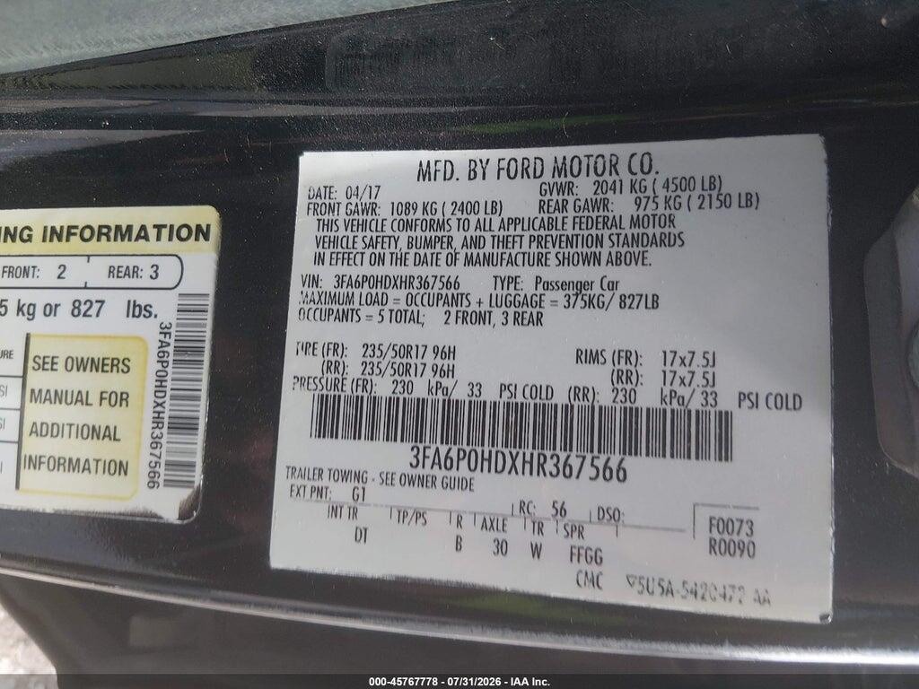 3FA6P0HDXHR367566 2017 FORD FUSION photo no. 9