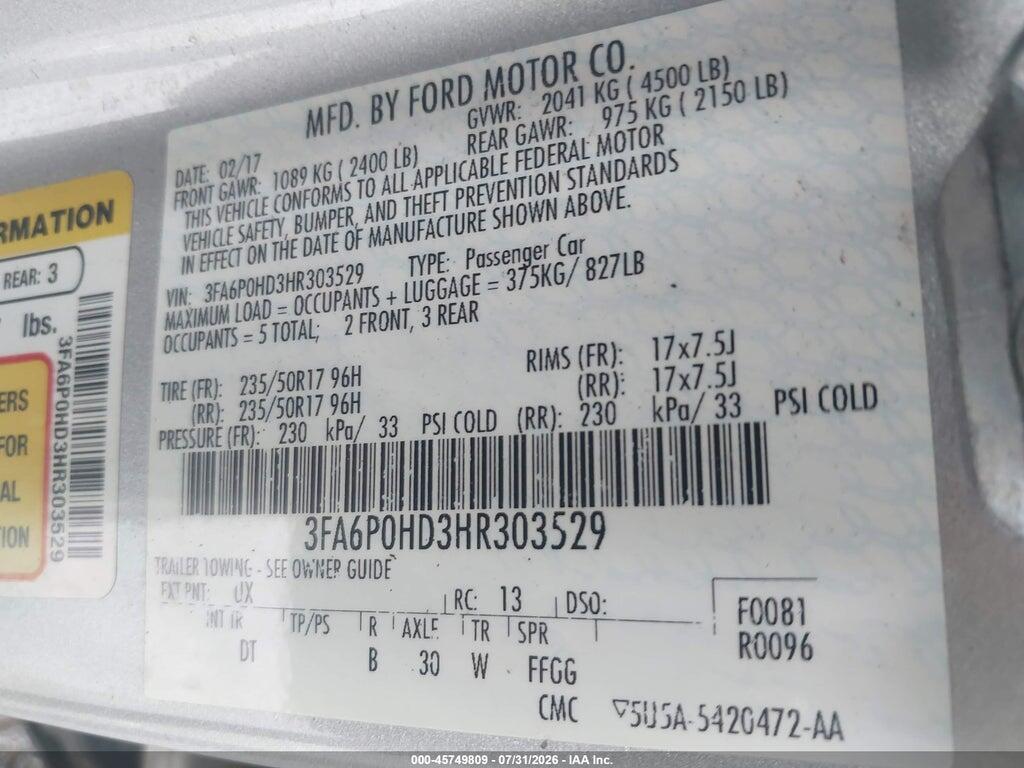 3FA6P0HD3HR303529 2017 FORD FUSION photo no. 9