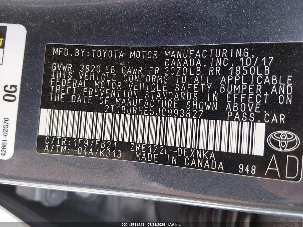 2T1BURHE5JC993827 2018 TOYOTA COROLLA photo no. 9