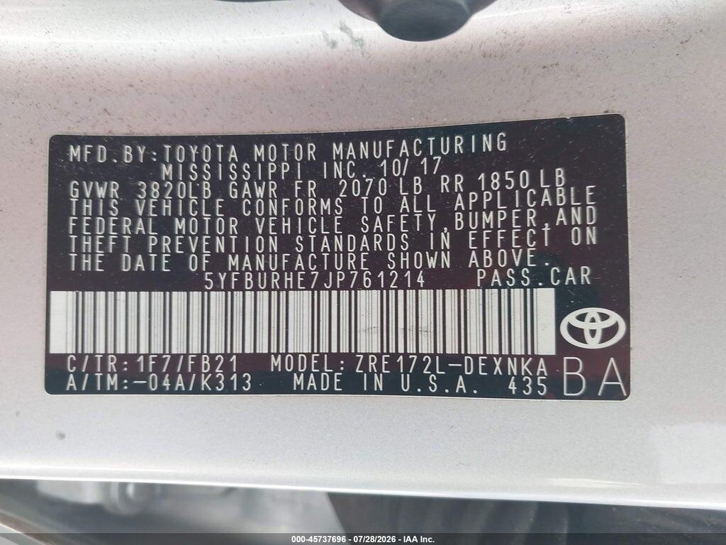 5YFBURHE7JP761214 2018 TOYOTA COROLLA photo no. 9