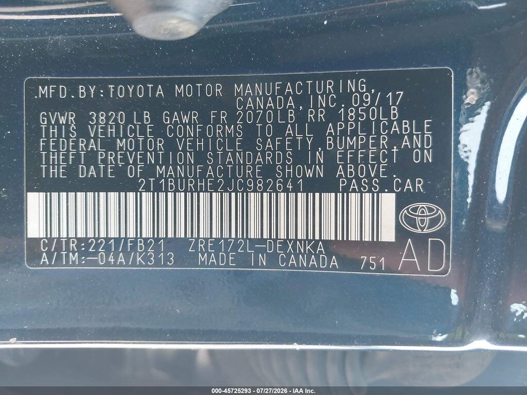 2T1BURHE2JC982641 2018 TOYOTA COROLLA photo no. 9