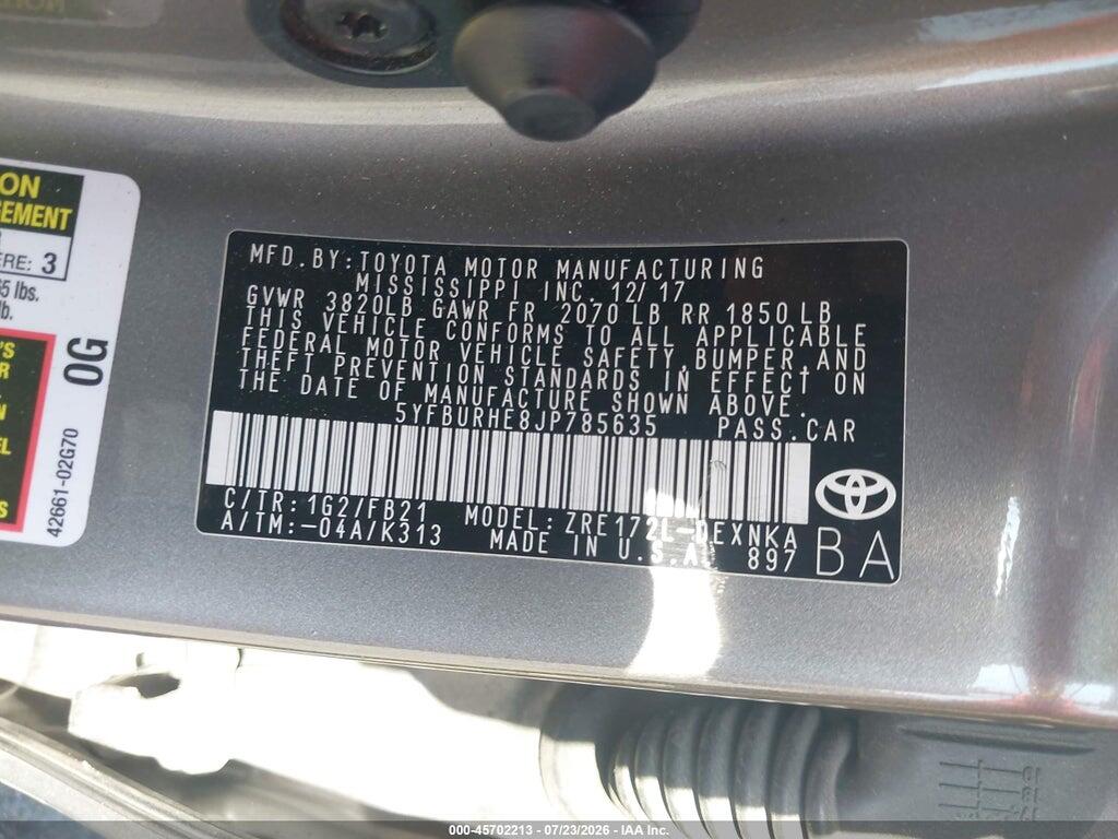 5YFBURHE8JP785635 2018 TOYOTA COROLLA photo no. 9