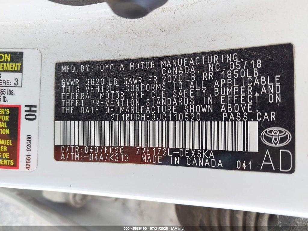 2T1BURHE3JC110520 2018 TOYOTA COROLLA photo no. 9