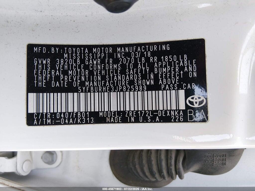 5YFBURHE3JP825989 2018 TOYOTA COROLLA photo no. 9