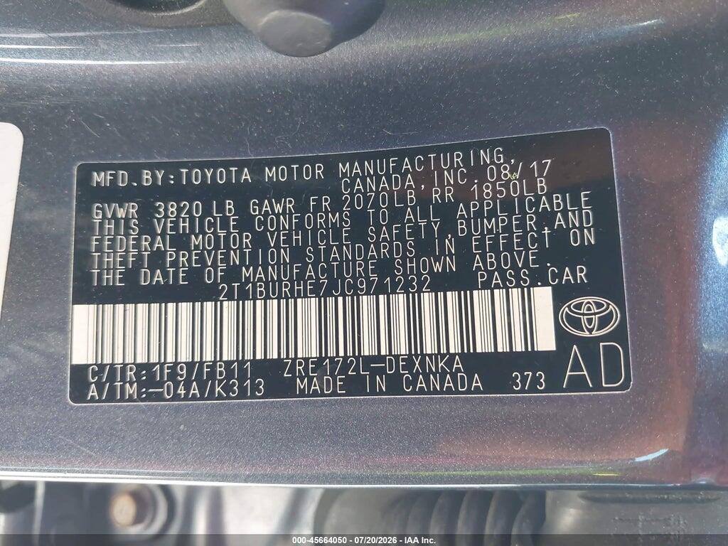 2T1BURHE7JC971232 2018 TOYOTA COROLLA photo no. 9
