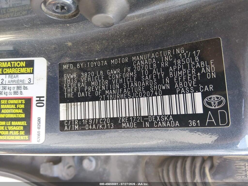 2T1BURHE5JC020740 2018 TOYOTA COROLLA photo no. 9