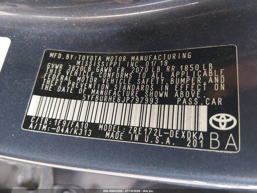 5YFBURHE6JP797993 2018 TOYOTA COROLLA photo no. 9