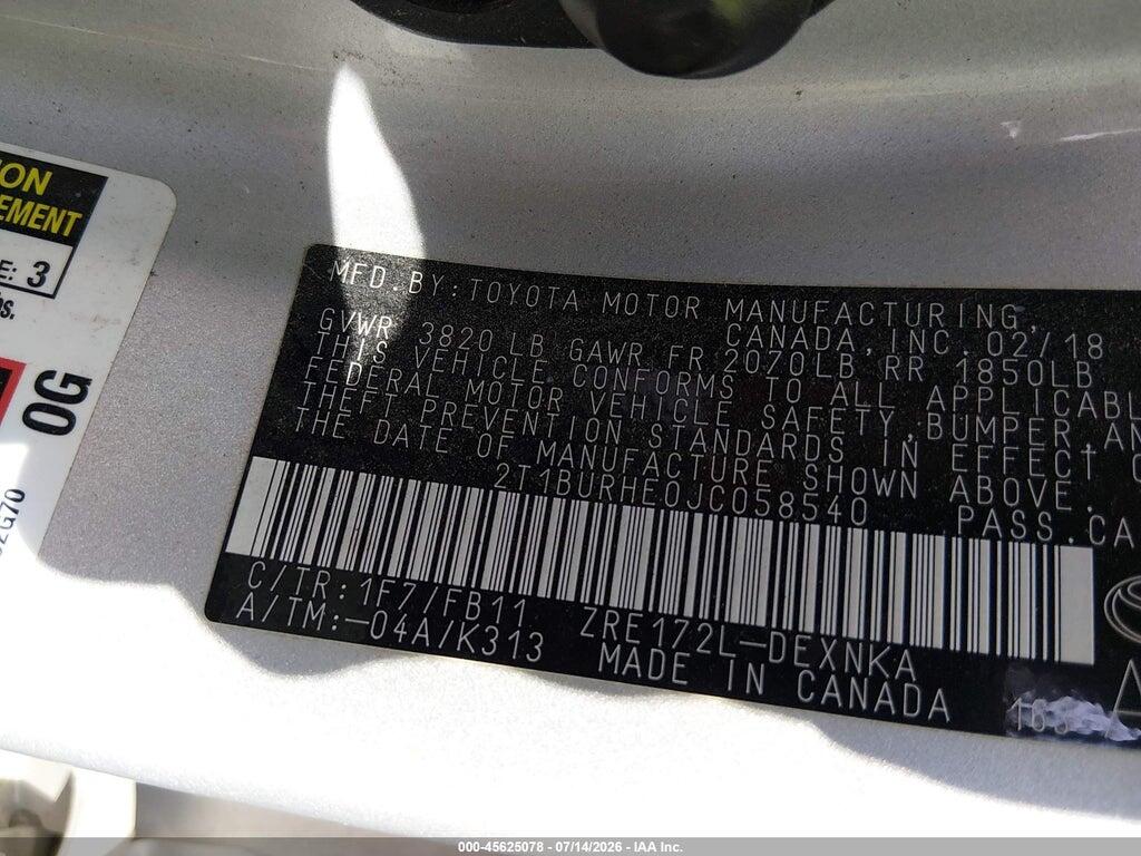 2T1BURHE0JC058540 2018 TOYOTA COROLLA photo no. 9