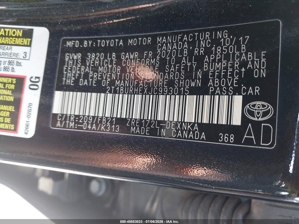 2T1BURHEXJC993015 2018 TOYOTA COROLLA photo no. 9