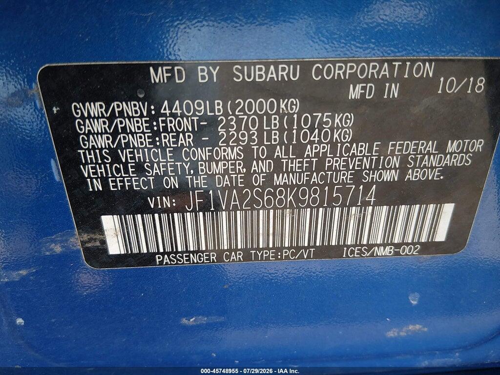 JF1VA2S68K9815714 2019 SUBARU WRX STI photo no. 9