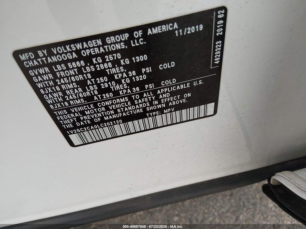 1V2GC2CA0LC202120 2020 VOLKSWAGEN ATLAS CROSS SPORT photo no. 9