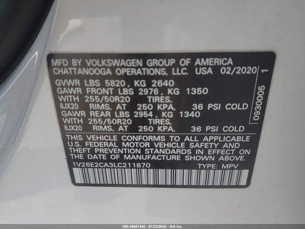 1V26E2CA3LC211870 2020 VOLKSWAGEN ATLAS CROSS SPORT photo no. 9