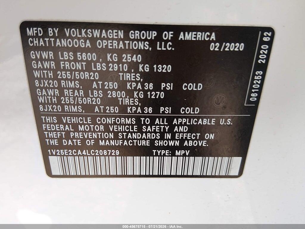 1V25E2CA4LC208729 2020 VOLKSWAGEN ATLAS CROSS SPORT photo no. 9