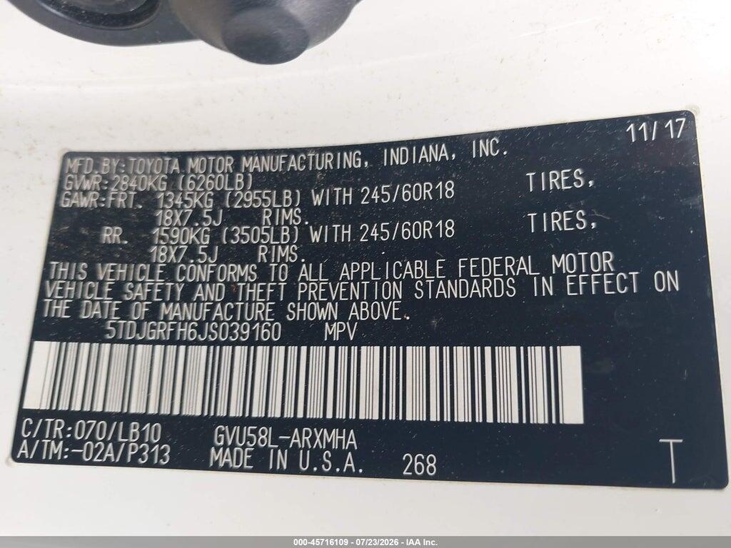 5TDJGRFH6JS039160 2018 TOYOTA HIGHLANDER photo no. 9