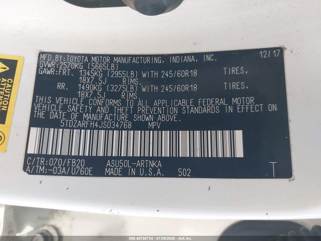 5TDZARFH4JS034768 2018 TOYOTA HIGHLANDER photo no. 9