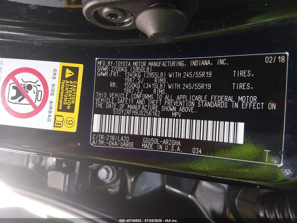 5TDYZRFH9JS256162 2018 TOYOTA HIGHLANDER photo no. 9